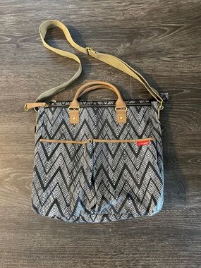 Black & White Chevron Tote with Tan Trim and Adjustable Strap
